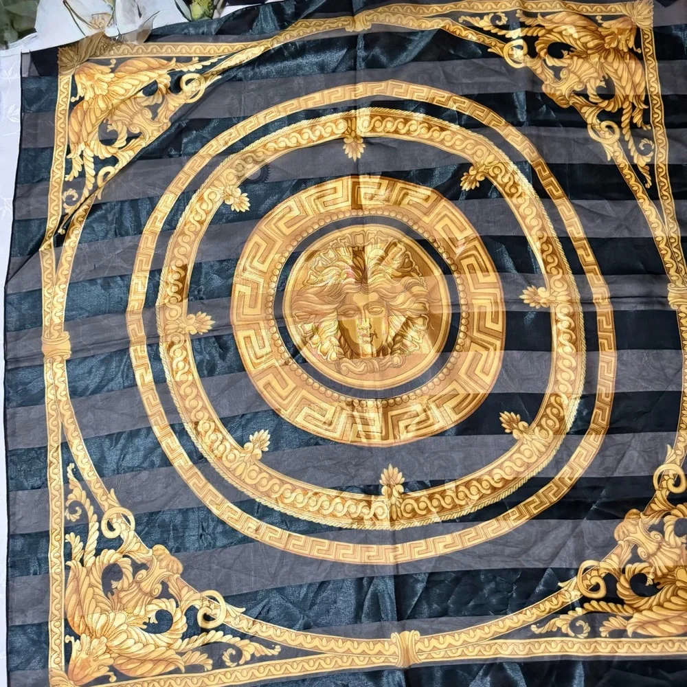 Luxurious Black and Gold Medallion Silk-Feel Scarf